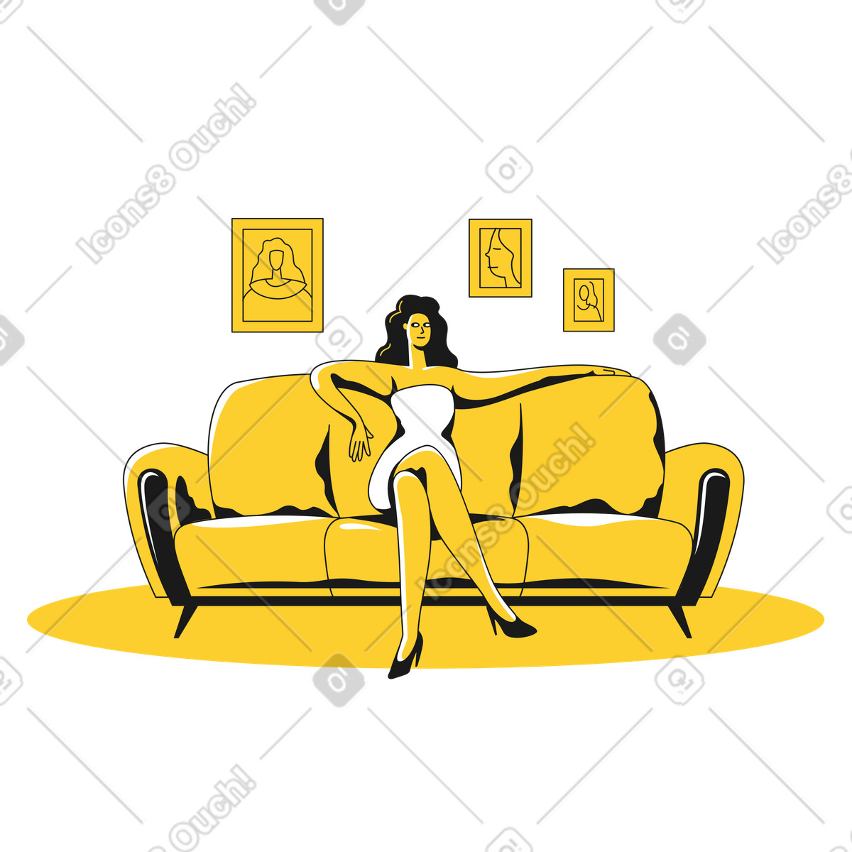 Woman sitting on sofa and waiting illustration in PNG, SVG