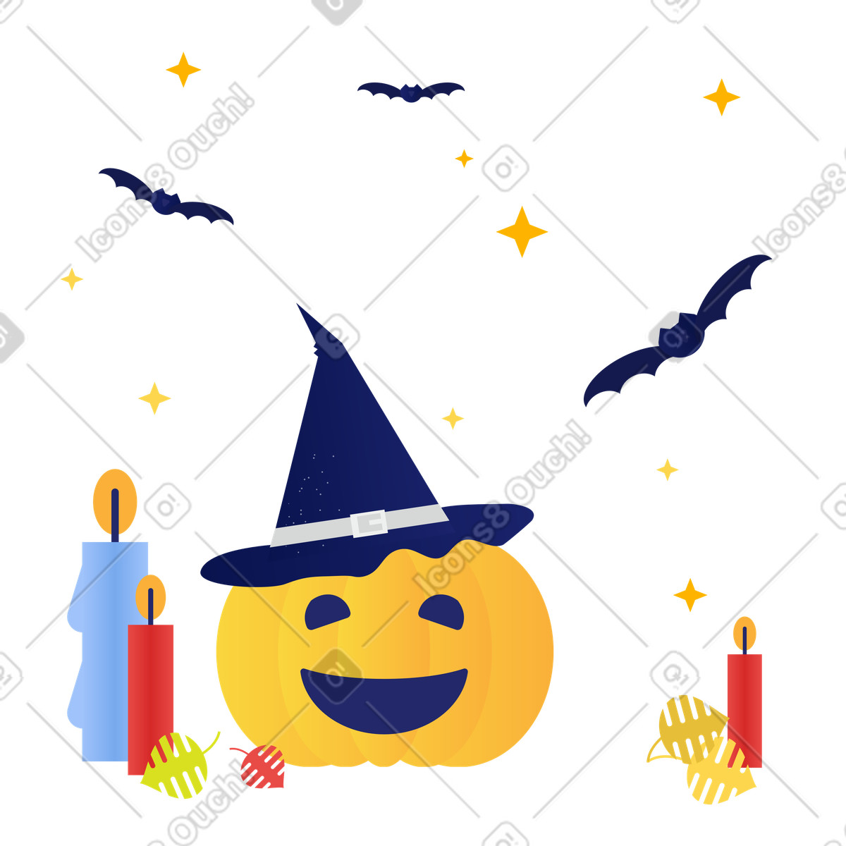 Illustration Citrouille d'halloween avec chapeau et bougies dans le style Clip à télécharger aux formats PNG, SVG