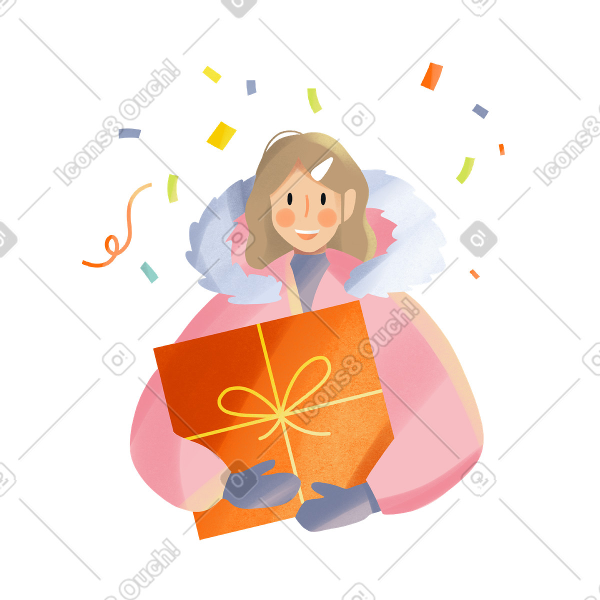 Girl in a pink jacket with an orange gift and confetti for the holiday illustrazione stile Shine scarica PNG, SVG