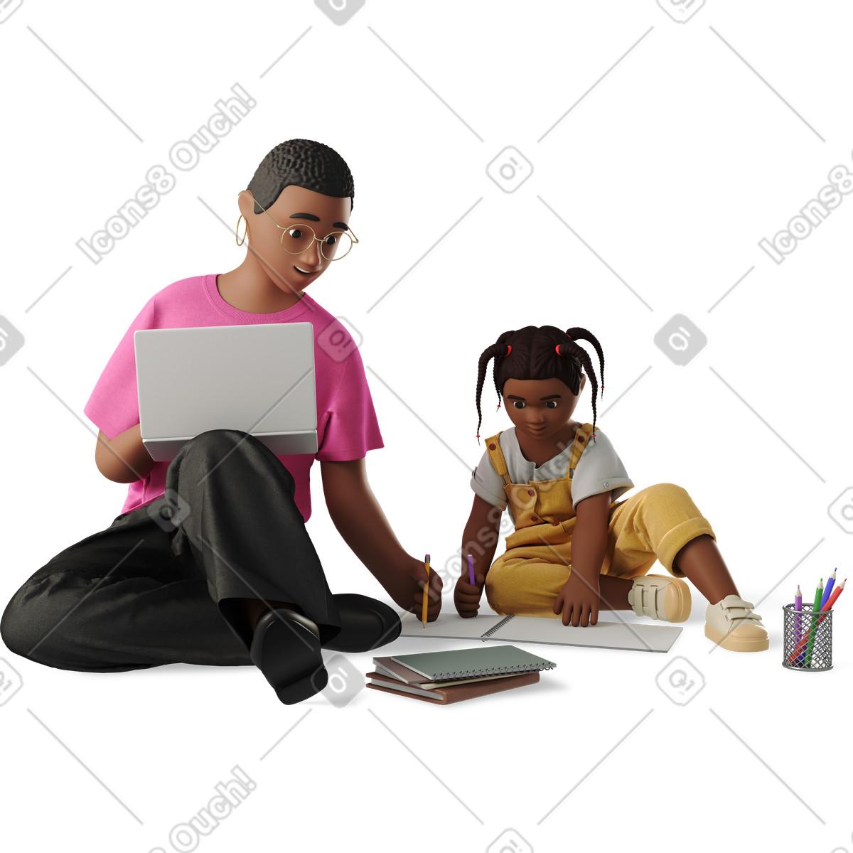 Woman and little girl drawing together illustration in 3D Business style download in PNG, SVG