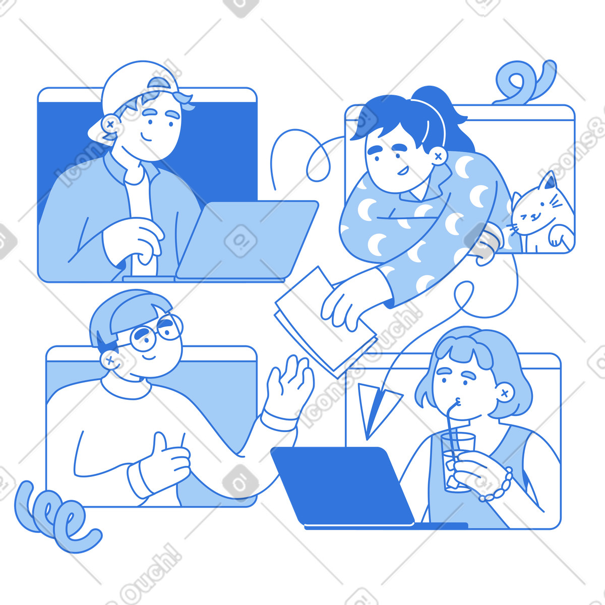 Colleagues sharing ideas in video chat, Remote teamwork workspace illustration Sky style download PNG, SVG
