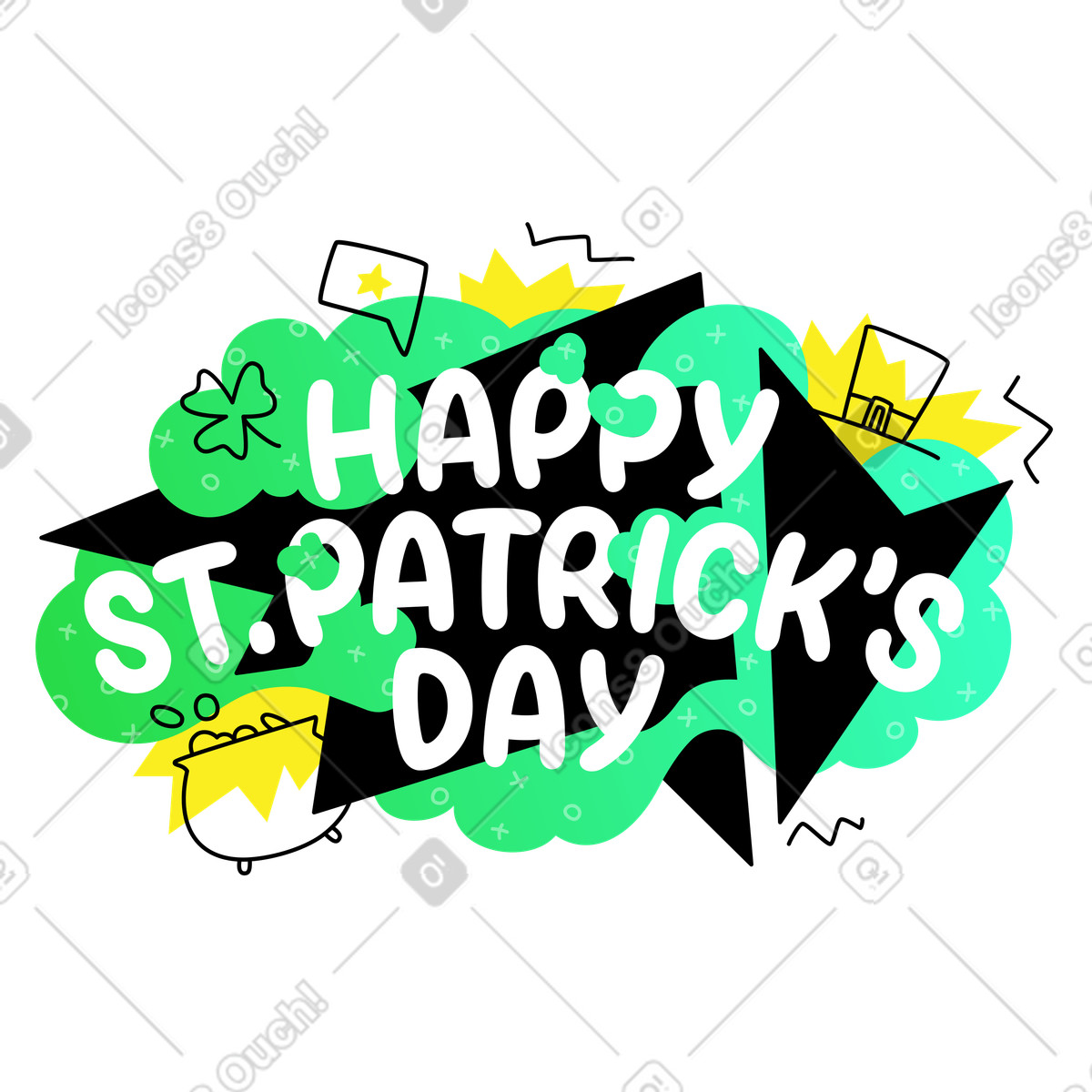 Illustration Happy st.patrick's day lettering coloré avec des griffonnages dans le style Rocky à télécharger aux formats PNG, SVG
