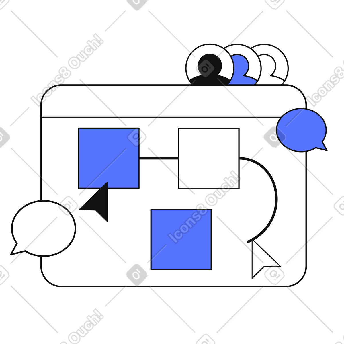下载 Main 风格的 Workflow diagram collaboration interface with team avatars and chat bubbles 插画，支持 PNG、SVG 格式