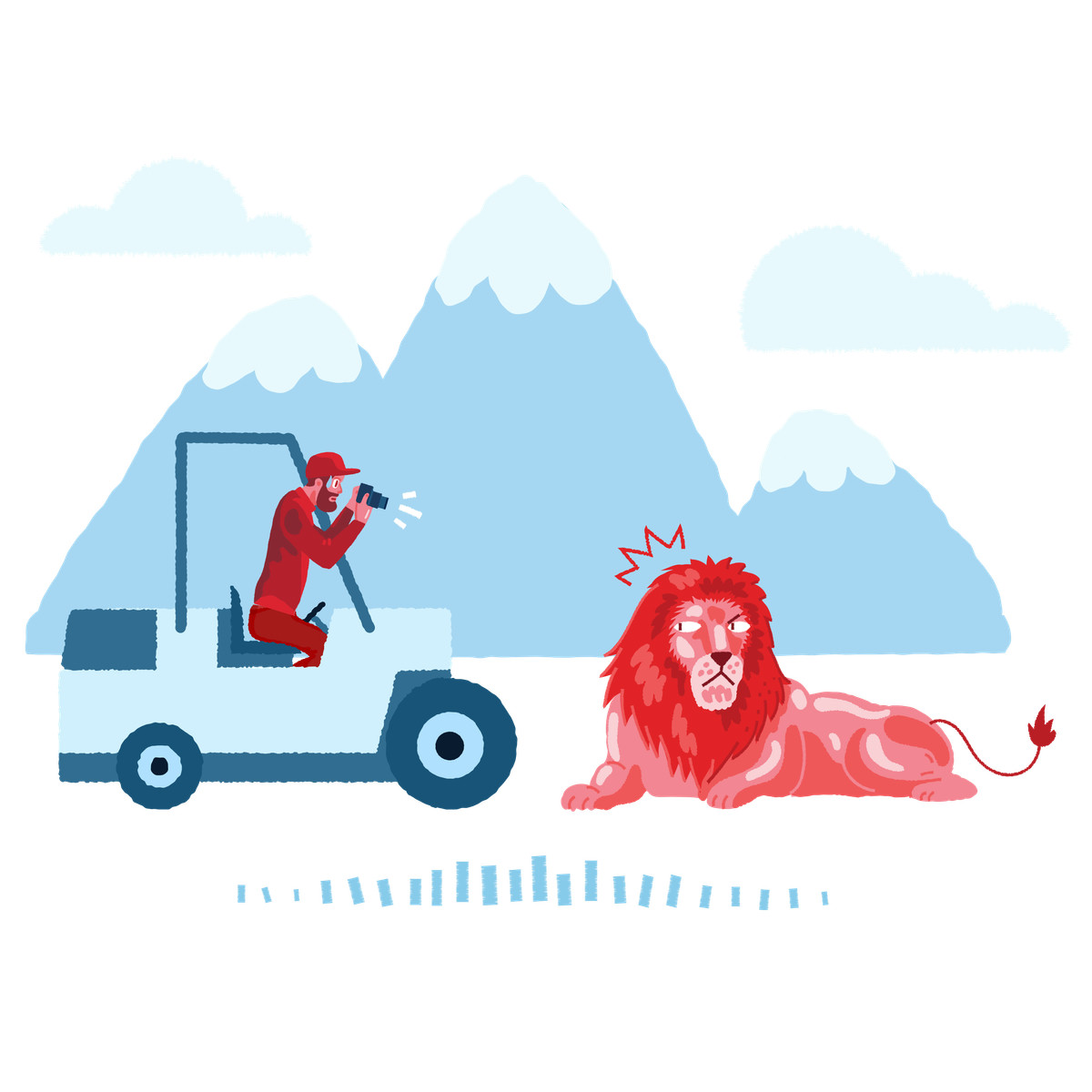Ilustración Naturalist photographer taking a dangerous picture of wild lion en estilo Cherry descargar en PNG y SVG