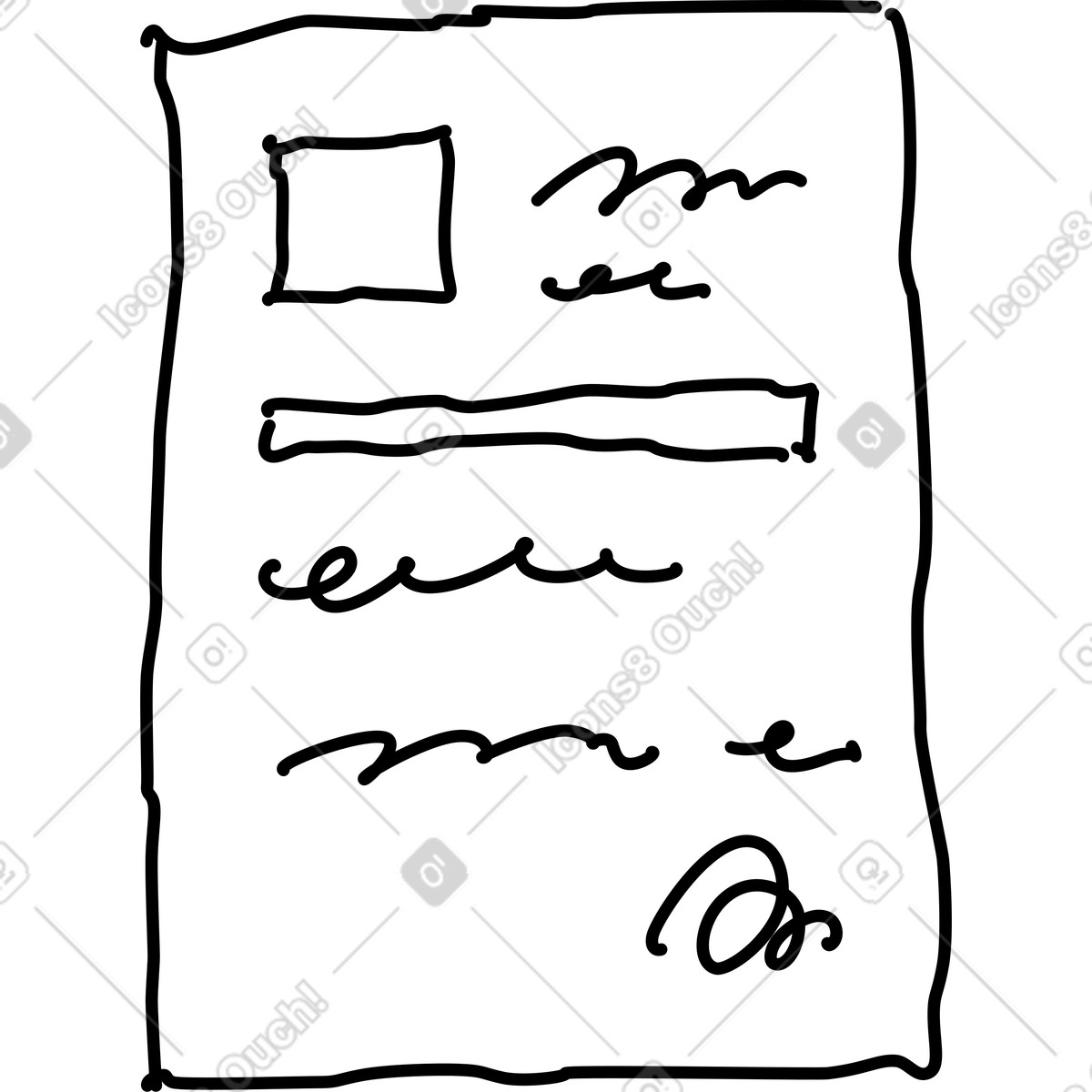 Resume document layout with photo placeholder and signature doodle sketch illustrazione in stile Rondy Stickers scarica in PNG, SVG