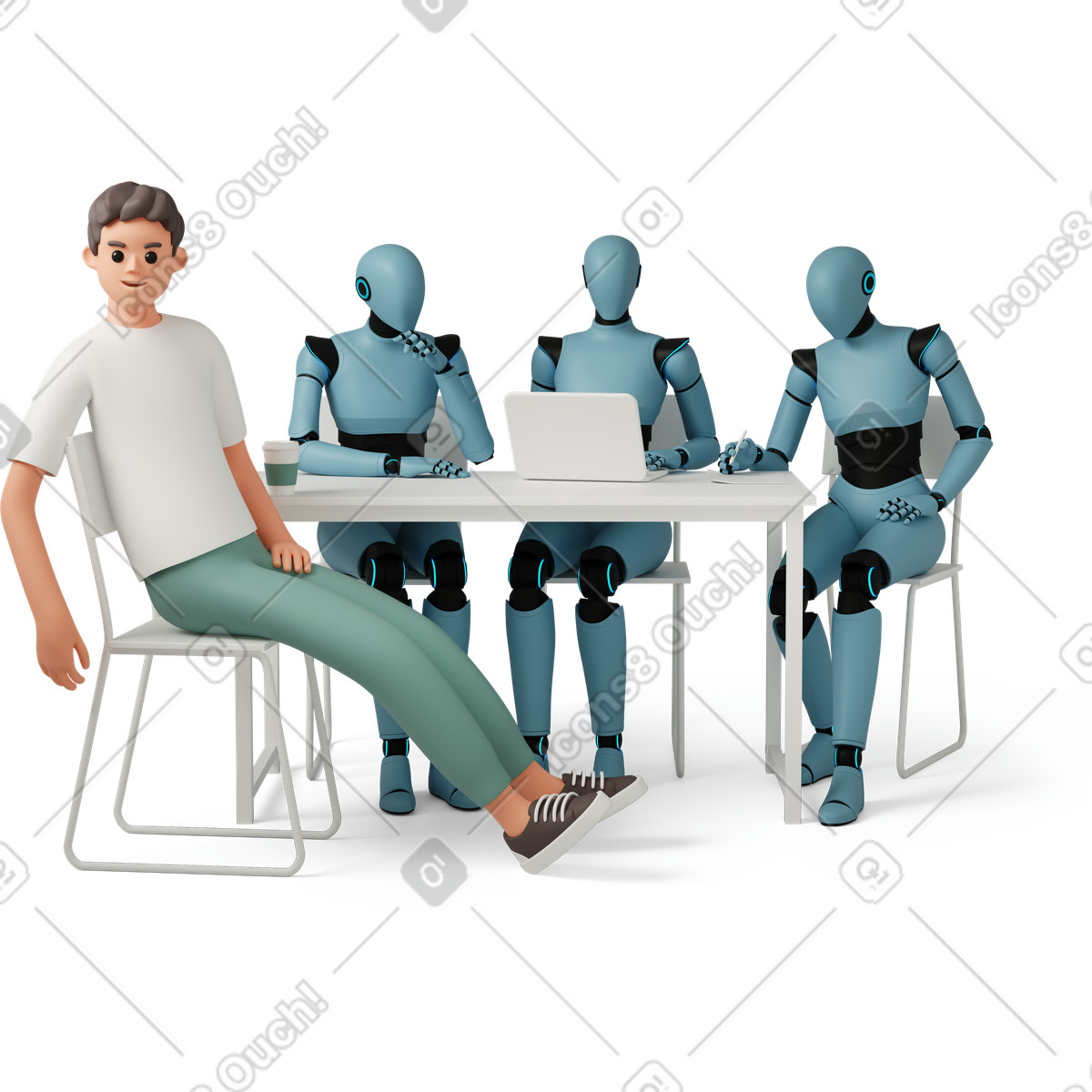 Human with group of smart AI robots illustration in 3D Casual life style download in PNG, SVG