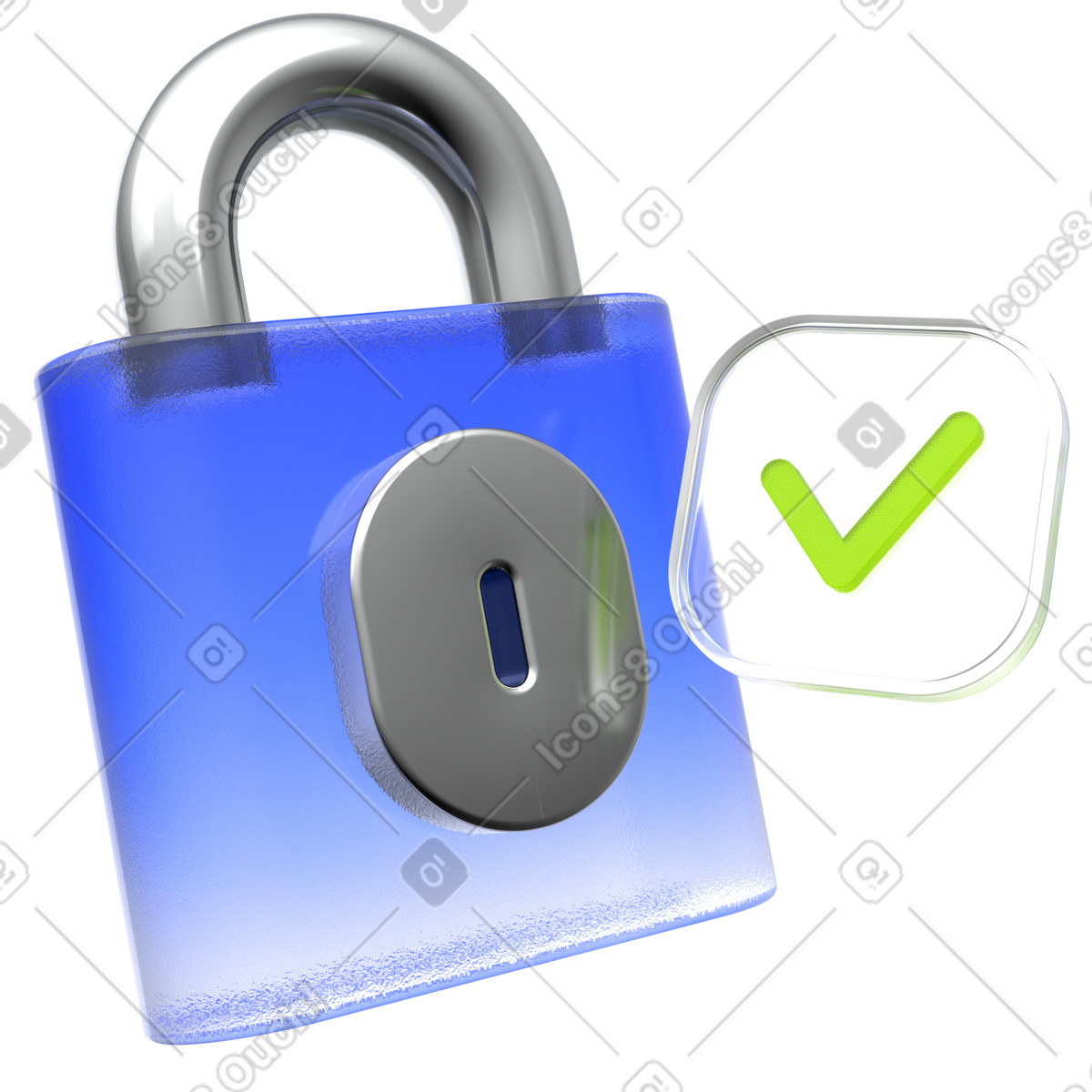 Blue glass padlock, Verified checkmark badge, Security success icon illustration in PNG, SVG