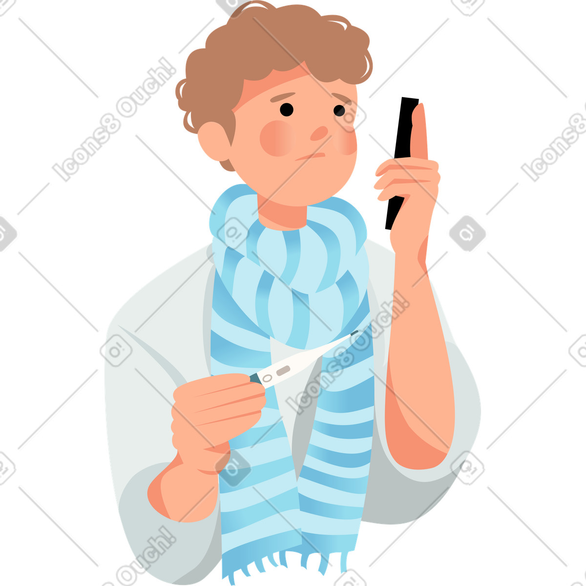 Ilustração de Man with thermometer and phone em no estilo Lagom para baixar em PNG, SVG