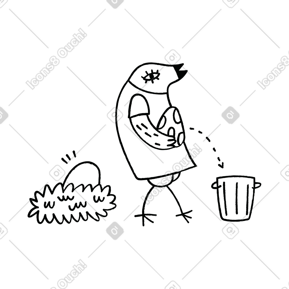 Cole スタイルの ゴミ箱に卵を捨てる母親鳥 のイラストをPNG、SVG形式でダウンロード