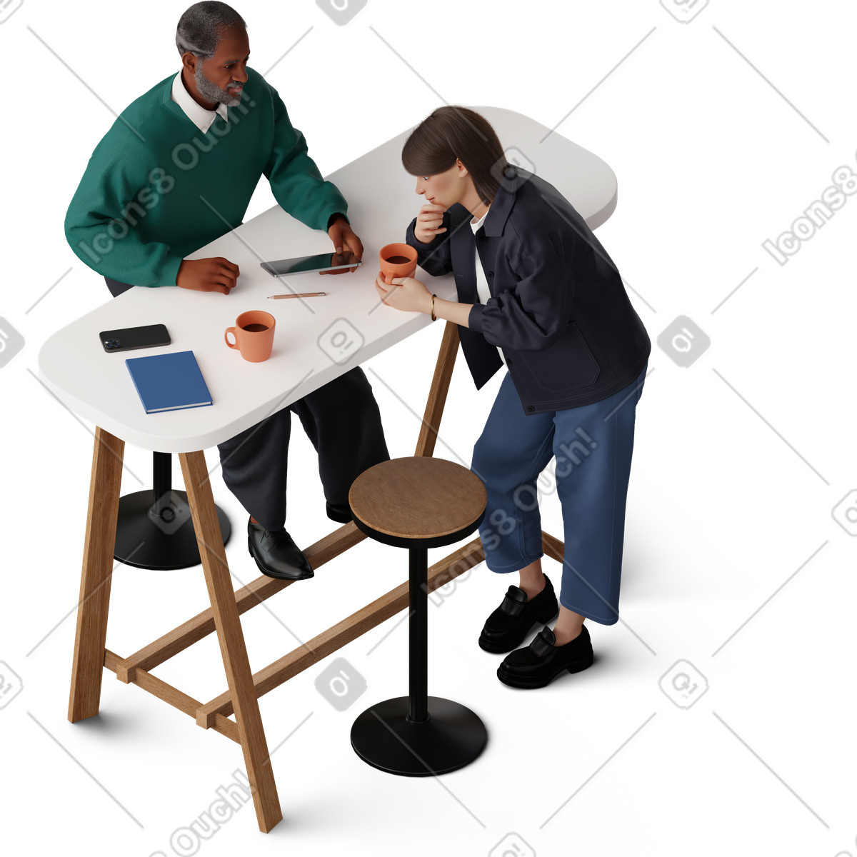 Isometric view of man and young woman working at table with tablet illustrazione in stile 3D Hygge scarica in PNG, SVG