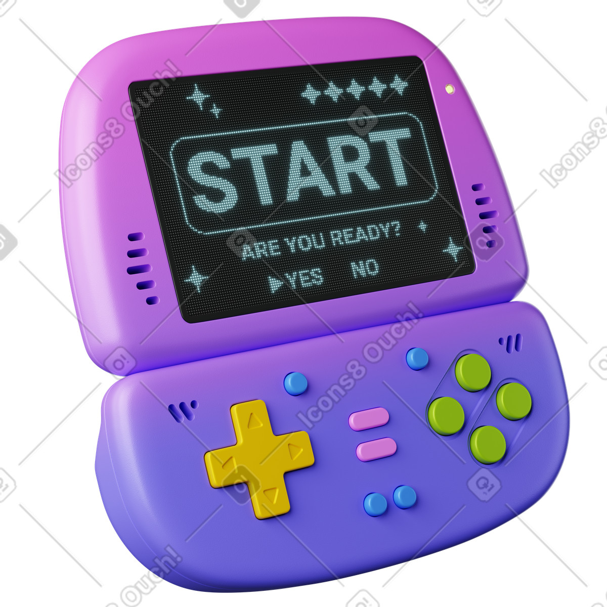 Game console start screen with colorful buttons and pixel display illustrazione in stile 3D Plastic scarica in PNG, SVG