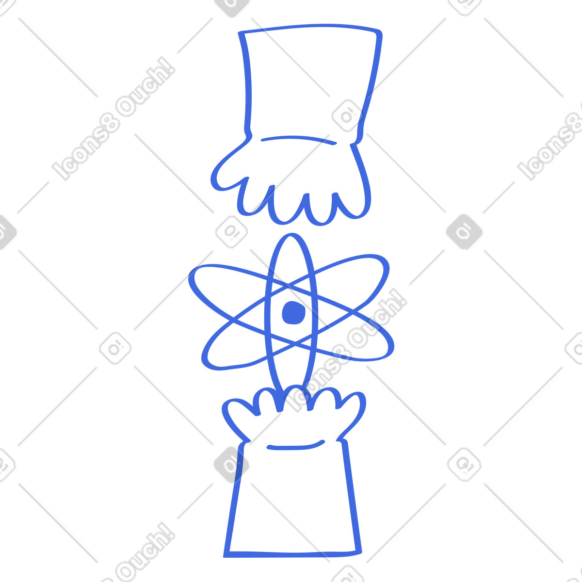 Illustration Hands holding atomic structure emphasizing nuclear energy safety concept dans le style Ballpoint Pen à télécharger aux formats PNG, SVG