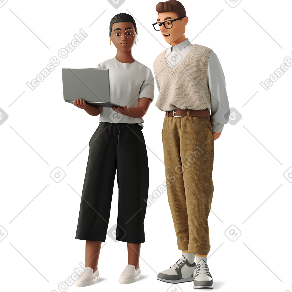 3D Business 스타일의 Man and woman working with laptop 일러스트레이션 PNG, SVG 다운로드