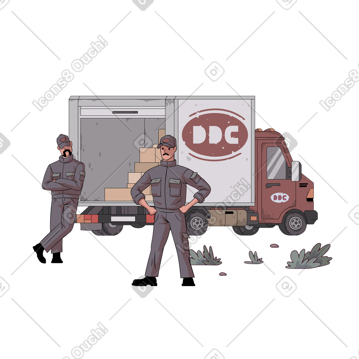 Ilustración Hombres junto a un vehículo involucrado en el transporte de mercancías estilo Eastwood descargar PNG y SVG