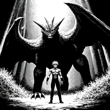 A young anime hero with spiky hair is standing confidently in a dense forest, facing off against a giant, mythical creature. The hero is wearing a detailed, form-fitting outfit that showcases his muscular build. He has an intense expression, with determined eyes focused on the creature. The mythical creature towers over him, featuring intricate scales and sharp claws. Its eyes glow with an otherworldly light, and its massive wings are partially unfurled, ready for action. The forest is filled with tall trees and thick underbrush, creating a sense of depth and tension in the scene. Sunlight filters through the leaves, casting dappled shadows on the ground.