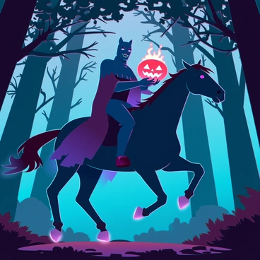 A headless horseman riding a large, powerful black stallion, galloping through a dark, densely wooded forest. The horseman's cloak billows dramatically in the wind, made from tattered, dark fabric that blends into the shadows of the trees. In one hand, he wields a glowing, fiery pumpkin, its carved face illuminated with an eerie orange light, illuminating the surrounding area with flickering flames. The forest is thick with gnarled, twisted branches and sparse patches of moonlight filtering through the canopy, adding to the ominous atmosphere. The ground is covered in fallen leaves, and the air is filled with a sense of urgency and foreboding.