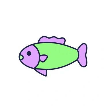 A fish is depicted using a few simple lines to emphasize its shape. The fish has a streamlined body and a pronounced tail fin. Its dorsal fin is represented by a gentle curve near the top. One eye is shown as a small circle near the front of the body. The illustration captures the elegance of the fish's form while maintaining a minimalist style.