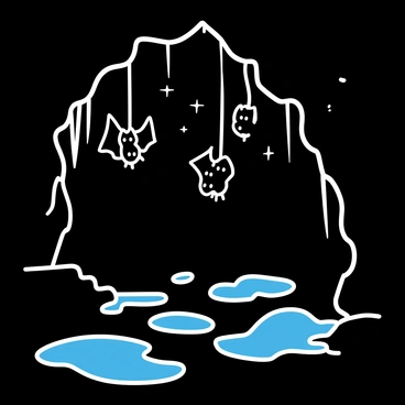A dark cave habitat, featuring sharp stalactites hanging from the ceiling. Bats are suspended upside down, their wings partially spread, clinging to the rocky surface above. The floor is uneven and partly covered with stones. Subtle glows emanate from patches of bioluminescent fungi, casting a soft, eerie light onto the surrounding damp surfaces. The cave walls are rugged, displaying rough textures that contrast with the smooth forms of the fungi.
