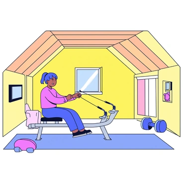 A cozy attic with wooden beams and warm lighting. The space is filled with exercise equipment, including a seated cable row machine. A person is comfortably seated on the machine, pulling on the cable with a focused expression. Light filters through a small window, illuminating the room and creating a welcoming atmosphere. A yoga mat and some dumbbells are visible nearby, enhancing the gym environment.