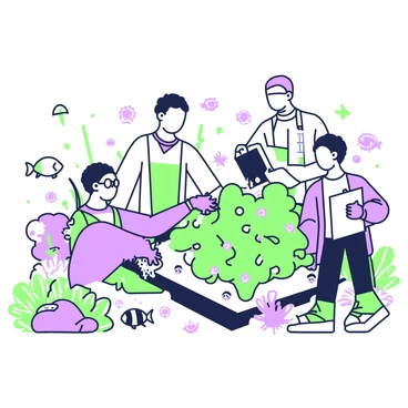 A group of scientists is working underwater to restore damaged coral. One scientist is carefully attaching a coral fragment to a metal structure on the ocean floor using a pair of underwater gloves. Another scientist is holding a clipboard, documenting the progress of the restoration effort, while a third scientist is examining the surrounding area to identify additional locations for replanting. Surrounding them are various fish swimming around vibrant coral, some of which appear healthy, while others show signs of damage. The scene captures the collaborative effort to bring life back to the underwater ecosystem.