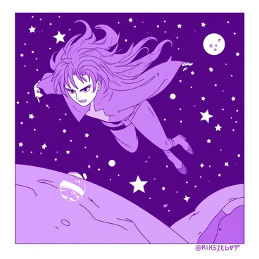 A duotone illustration of "Sukuna" floating in space, with a "purple" background filled with numerous "white" stars and distant "white" planets. Sukuna's figure is prominently featured, showcasing a fierce expression and intricate details of his outfit. His hair flows dramatically, adding a sense of movement against the stillness of space. The stars twinkle in various sizes, while the planets are depicted with striking features, creating a vibrant cosmic scene.