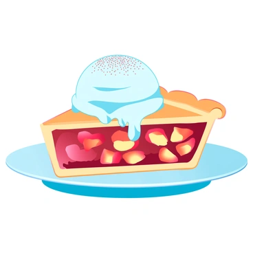 A slice of warm apple pie with a golden, flaky crust, showcasing a rich filling of soft, caramelized apples. The pie is placed on a white ceramic plate with a bite taken out, revealing the gooey apple mixture inside. On top of the pie, there is a generous scoop of vanilla ice cream, slowly melting and dripping down the sides, creating a smooth contrast against the warm pie. A sprinkle of cinnamon is dusted over the ice cream, adding a touch of extra flavor.