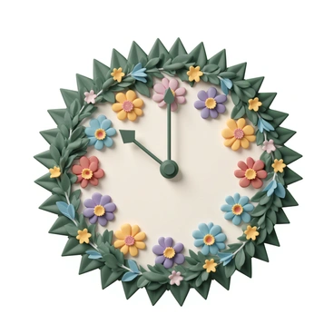A garden clock made entirely of colorful flowers and green foliage