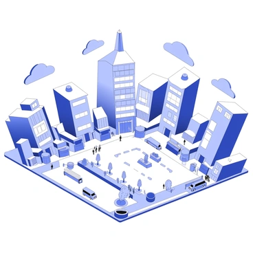 A 3D cityscape featuring a variety of buildings and streets is displayed. The buildings have unique architectural designs, with sharp angles and intricate details. The streets wind through the city, lined with trees and outdoor seating areas. Various vehicles are parked along the curbs, and pedestrians can be seen walking on the sidewalks. The sky above the city is filled with abstract cloud formations, casting shadows on the buildings below. A central plaza is visible, complete with benches and decorative planters.