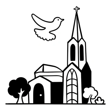 A "white dove" in flight, soaring gracefully above a "church" with tall spires and intricate architectural details. Below, the church is surrounded by trees and flowers, creating a serene environment. The dove's wings are outstretched, emphasizing its movement through the air. The church's windows are large and ornate, adding to the structure's grandeur. The scene captures a moment of tranquility and spirituality.