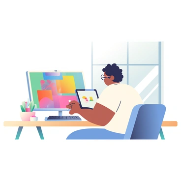 An illustrator creating art on a digital tablet at a sleek, modern workspace