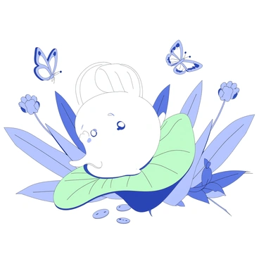 An anion character is sitting on a large green leaf in a garden. The character has a serene expression, with delicate features that convey a sense of calmness. The leaf is broad and detailed, with veins visible across its surface. Surrounding the leaf are several butterflies, each with unique patterns on their wings, fluttering gracefully in the air. The background includes various plants and flowers, with soft outlines suggesting a lush garden atmosphere. The scene captures a moment of tranquility in nature.