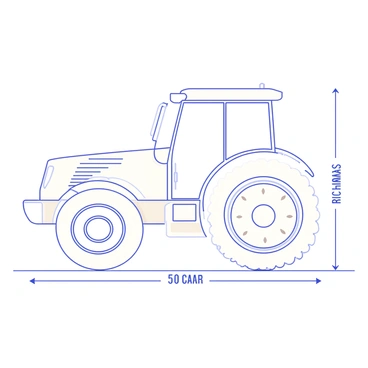 A detailed blueprint drawing of a modern tractor featuring a prominent outline of the tractor body, including the cab, wheels, and engine components. The blueprint includes precise measurements and labels for each part of the tractor, such as "engine," "chassis," and "wheels," in a clear, technical font. The drawing is set against a plain background to emphasize the intricate details of the tractor's design. Engineering notes are handwritten in the margins, detailing specifications and features such as "fuel efficiency" and "horsepower."