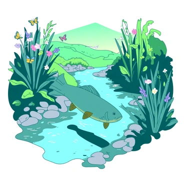 A teal smallmouth bass is swimming gracefully in a winding river. The water is clear, revealing smooth stones and pebbles at the riverbed. Lush greenery surrounds the riverbanks, with tall grasses and vibrant leaves reflecting sunlight. Various wildlife, including colorful butterflies and small birds, can be seen flitting about among the foliage. The overall scene captures the harmony of the river environment, emphasizing the movement of the fish amidst the thriving ecosystem.