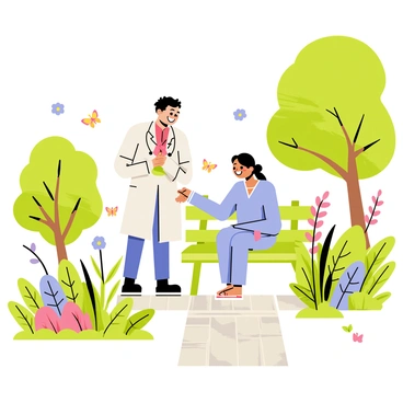 A hospital garden filled with vibrant green plants and colorful flowers. In the center, a doctor in a white coat and a stethoscope is smiling as they interact with a patient sitting on a bench. The patient, wearing a light blue hospital gown, is also smiling, radiating a sense of joy and comfort. Surrounding them are several trees providing shade, and a small path made of cobblestones leads through the garden. There are butterflies fluttering around, enhancing the atmosphere of healing and kindness.