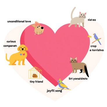 A vibrant red heart is at the center of the image, symbolizing love. Surrounding the heart are various pets including a fluffy golden retriever, a playful grey cat, a small brown hamster in a cage, and a colorful parakeet perched on the edge. Each pet is accompanied by a label describing the love and companionship they bring, with text like "unconditional love" above the retriever, "curious companion" above the cat, "tiny friend" next to the hamster, and "joyful song" by the parakeet. The background is a soft pastel color that complements the heart and pets.