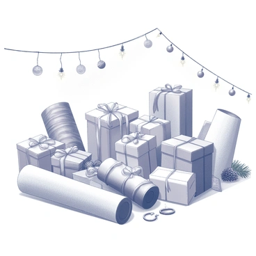 A wrapping station is set up with several rolls of reused fabric and paper, neatly arranged on a table. The fabric rolls vary in patterns, showing different textures. Scissors and tape are placed nearby for easy access. The scene is surrounded by an array of holiday decorations, including strings of twinkling lights, ornaments, and pinecones. There is a small pile of wrapped gifts, showcasing various sizes and shapes. A cheerful atmosphere is created by the festive elements that adorn the space, evoking the spirit of the holiday season.