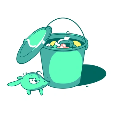 A teal plankton character with a mischievous grin is peeking around the corner of the Chum Bucket. The plankton is small and round, with large expressive eyes and tiny limbs, looking eagerly towards the interior of the bucket. The Chum Bucket is a metallic structure with a shiny, reflective surface, featuring an open lid revealing chaotic and colorful ingredients inside. The scene depicts a sense of stealth and anticipation, as the plankton's tiny body is positioned low to the ground, ready to execute its new plan.