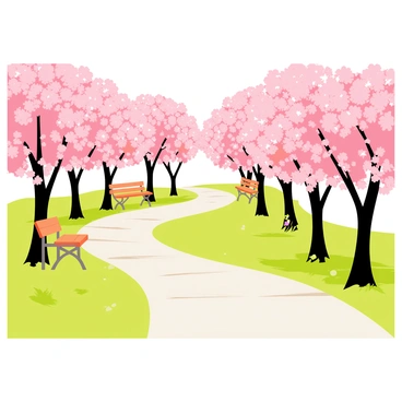 A park path meanders through a row of cherry blossom trees in full bloom. The trees are adorned with clusters of delicate pink flowers, their branches creating a soft canopy overhead. The path is paved with light-colored stones, and patches of green grass peek out from either side. A gentle breeze stirs the blossoms, causing some petals to fall softly to the ground. Sunlight filters through the branches, casting dappled shadows on the path. A couple of benches are placed along the path, inviting visitors to sit and enjoy the serene environment.