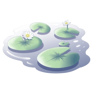 A pond surface with several green lily pads scattered across it. Each lily pad has a delicate white blossom positioned on top. The water is calm and reflects the shapes of the lily pads and blossoms. Sunlight creates soft shadows beneath the pads, enhancing the texture of the scene. The surrounding area has gentle ripples, suggesting a light breeze.