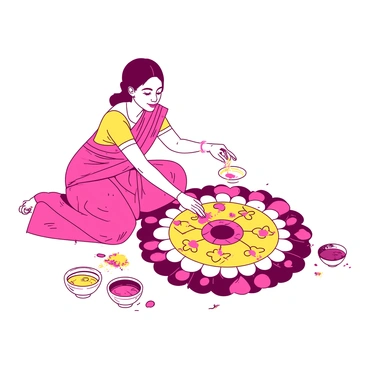 An Indian woman is sitting on the floor, carefully creating a beautiful rangoli design using colored powders. She is wearing a vibrant traditional saree with intricate patterns. The rangoli is a large, circular pattern made from a variety of colors, including shades of yellow and pink. Her hands are gracefully moving as she sprinkles the powders, adding detailed floral motifs and geometric shapes to the design. Various containers of colored powders are placed around her, and a few loose petals are scattered nearby. The scene captures the artistry and cultural significance of the rangoli-making process.
