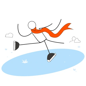 A stickman figure gliding on a smooth ice surface, with thin, elongated limbs and a simple round head. The stickman is depicted in a dynamic pose, skating gracefully with one leg extended back and the other bent at the knee. A vibrant, flowing scarf trails behind, catching the breeze and waving in the wind. The ice beneath reflects a hint of blue, and there are small tufts of snow scattered around the edges of the skating area. The background features a few abstract trees with simple shapes, enhancing the playful atmosphere of the scene.