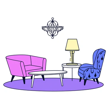 A chambre featuring art deco furniture with geometric patterns and bold colors. There are a velvet armchair and a sleek coffee table in the center of the room. Along the walls, there are elegant side tables with metallic finishes. Hanging from the ceiling is a glamorous chandelier made of crystal, reflecting light in various directions. The floor is covered with a plush rug that adds warmth to the space.