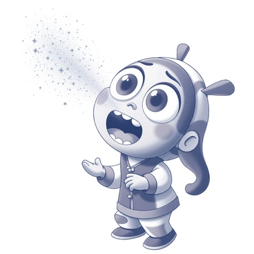 A cartoon character sneezing and accidentally spraying glitter everywhere.
