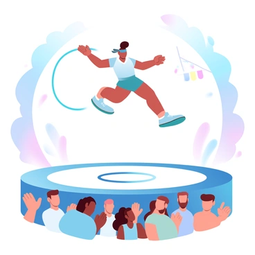 A student is performing a jump rope routine on stage, showcasing impressive athleticism. The student is dressed in a colorful outfit, with bright sneakers and a headband. The stage is illuminated with vibrant lights, casting a joyful ambiance. Below the stage, an enthusiastic crowd is clapping and cheering, with some individuals standing and waving their hands. Colorful banners and decorations are visible in the background, adding to the festive atmosphere of the school talent show.