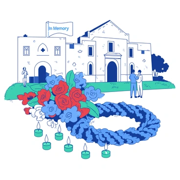 A blue and red wreath made of vibrant flowers is laid at the base of the Alamo, a historic stone building with arched windows and a prominent facade. In front of the wreath, there are small flickering teal candles arranged neatly in a line, casting soft light on the scene. The surrounding area is lined with green grass and small patches of colorful blooms, creating a serene atmosphere. Above the wreath, a small white banner is gently placed, reading "In Memory," while a few people in the background are quietly reflecting, adding to the solemnity of the moment.