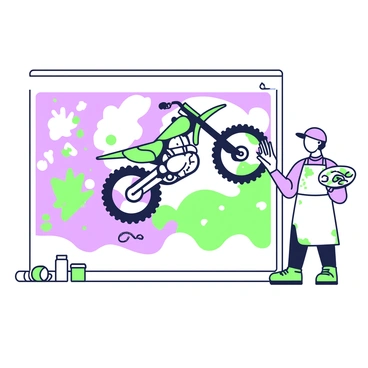 An artist is standing in front of a large city wall, painting a mural featuring a dirt bike. The artist is wearing a paint-splattered apron and a cap, with a palette in one hand and a paintbrush in the other. The dirt bike is shown mid-jump, with the wheels off the ground, capturing the essence of speed and excitement. Surrounding the bike, there are splashes and strokes of color, depicting motion and energy. The background of the mural includes abstract shapes that complement the dirt bike's design, adding to the overall dynamic feel of the artwork. A few cans of paint are scattered on the ground beside the artist.