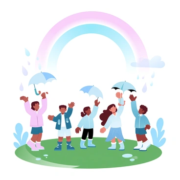 A group of children from diverse ethnic backgrounds stands on a grassy hill, looking up at a vibrant rainbow that arches across the sky after a rainstorm. The children wear colorful jackets and rain boots, with some holding their umbrellas upside down to collect raindrops. The ground is wet, reflecting the greenery around them, and small puddles are visible nearby. The rainbow's colors are vivid and stretch from one side of the landscape to the other, creating a backdrop of wonder and joy.