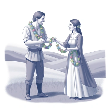 A medieval couple is standing in a lush countryside. The man is wearing a tunic and trousers, with a leather belt cinching his waist. The woman is dressed in a long flowing gown with billowing sleeves, adorned with a simple necklace. They are exchanging intricately woven flower garlands, with colorful blooms and greenery. The couple is smiling at each other, embodying a moment of affection. In the background, there are rolling hills and a clear sky, creating a tranquil setting for their exchange. The scene captures a sense of harmony and love in a natural landscape.