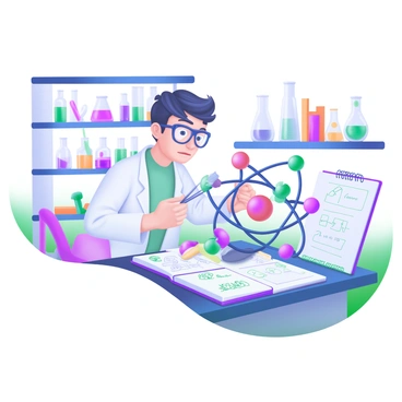 A modern pastel illustration featuring a curious scientist with glasses and a lab coat, intensely examining a large 3D model of Dalton's atomic concept. The model is displayed on a table and is composed of colorful spheres and connecting rods representing atoms and their bonds. The scientist is using a pair of tweezers to point at one part of the model, while a notebook filled with sketches and notes is open beside them. In the background, there are shelves filled with various scientific instruments, beakers, and books, creating a vibrant laboratory atmosphere.