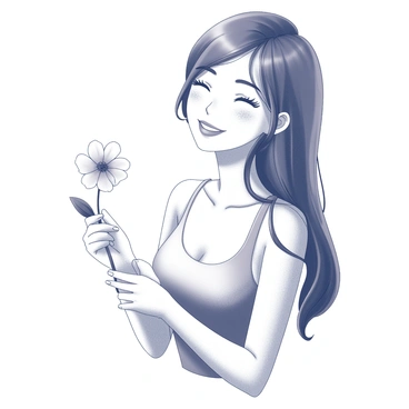 A portrait of a person with a gentle expression on their face. The person is holding a "gardenia flower" delicately in one hand, while the other hand is resting gently at their side. Their lips are curved into a "soft smile," radiating warmth. The background is minimal and does not distract from the subject, focusing attention on the person's features and the beauty of the "gardenia flower" they are holding.